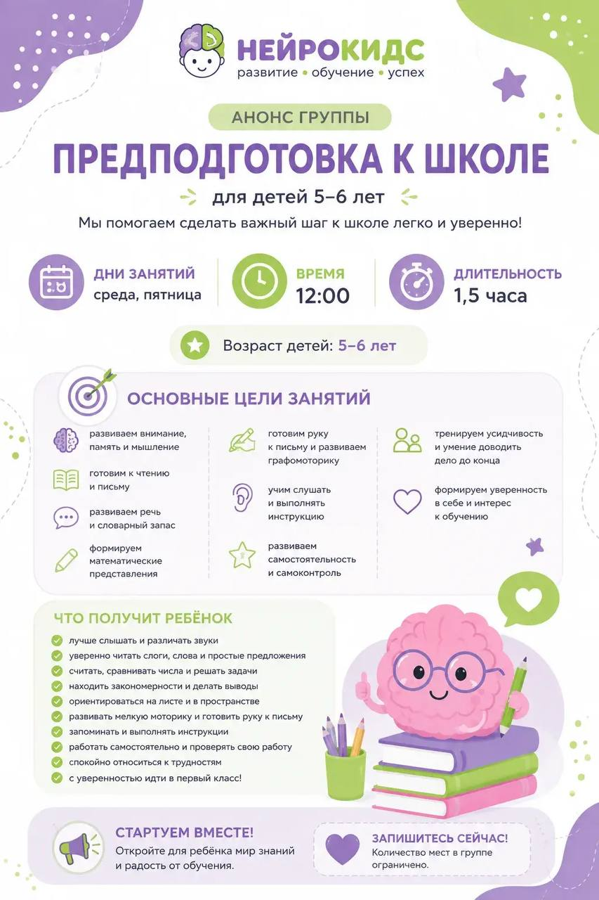Афиша группы предподготовки к школе для детей 5–6 лет в центре «НейроКидс»